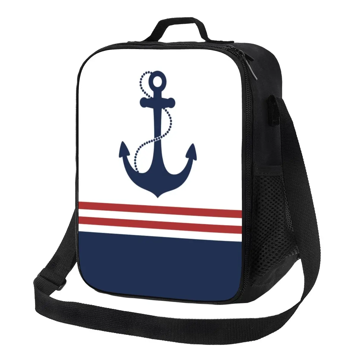 Custom Nautical Navy Blue Anchor With Stripes Insulated Lunch Bags for Women Sailing Sailor Thermal Cooler Food Bento Box School