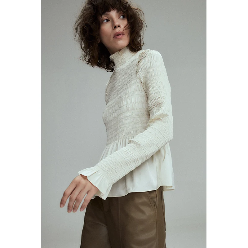 

Женская модная осенняя футболка RUIEE с высоким воротом, эластичная, плиссированная, приталенная, с длинным рукавом, однотонная, для делового и повседневного стиля