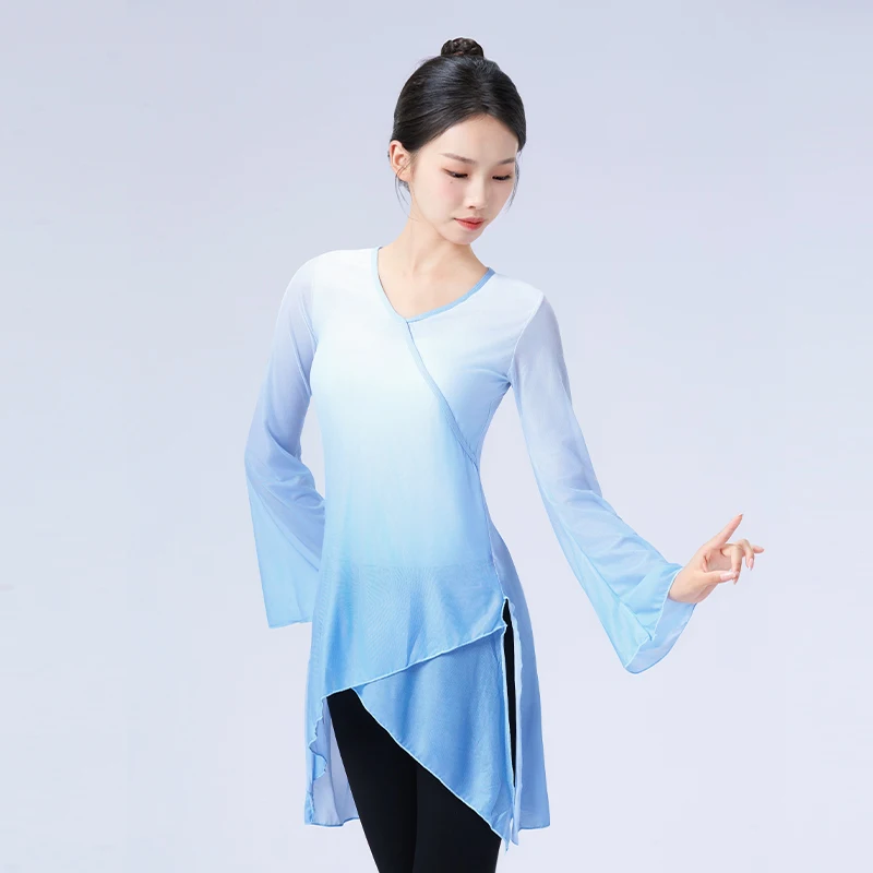 Classical Dance Costume Women Kid Ballet Clothes Gradient Gauze Tops Yoga Sport Costume Chinese Folk Dances Flared Sleeve 2021