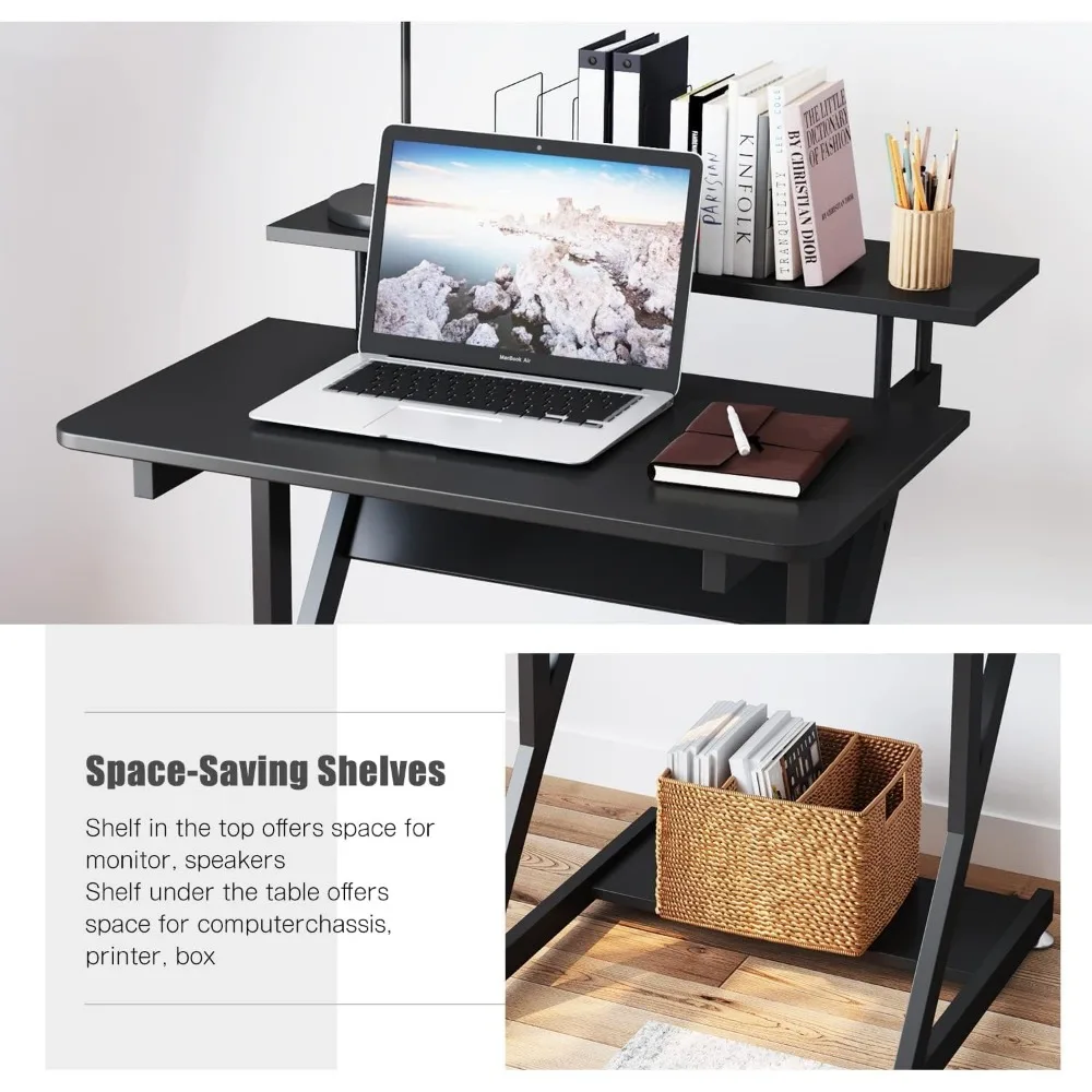 Computer Desk for Small Spaces,  Small Computer Desk, 3 Tier Compact Desk with Monitor Shelf and Bottom Storage Shelves