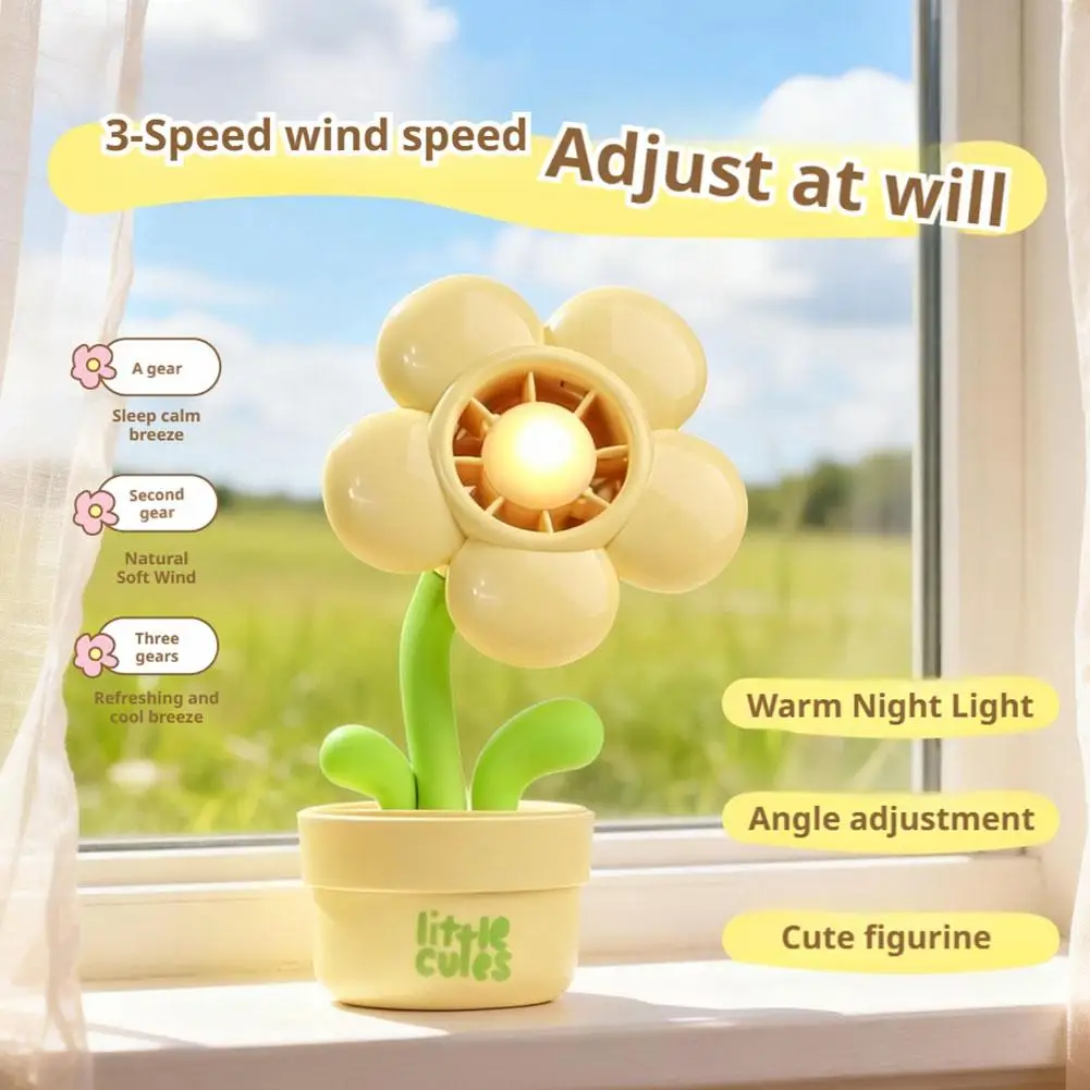 Mini Floral Potted Fan USB Rechargeable Mini LED Night Light With Three Speed Cooling Fan Creative Cooling Fan Desktop Ornament