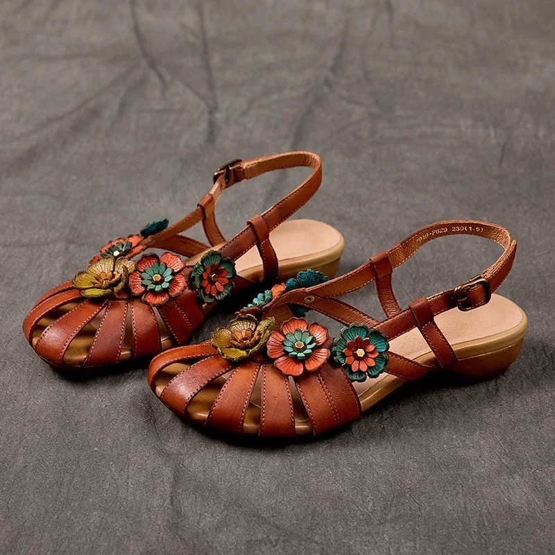 Summer New Real Leather Sandals Women's Flowers Ethnic Style Comfortable  Casual Cowhide Retro Women's Shoes Health