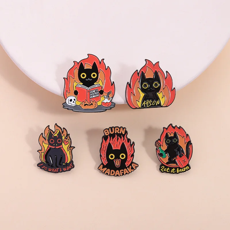 Cartoon Black Flame Cat Enamel Pin Halloween Terrifying Devil Cat Reading Books Reading Cat  Badge Jewelry Gifts toy