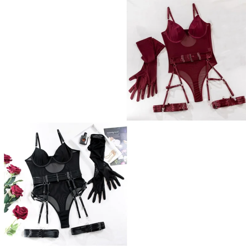 

Diccvicc горячее кружевное боди с перчатками женское нижнее белье с вырезами однотонное прозрачное нижнее белье для тела прозрачная сетка сексуальный наряд с поясом