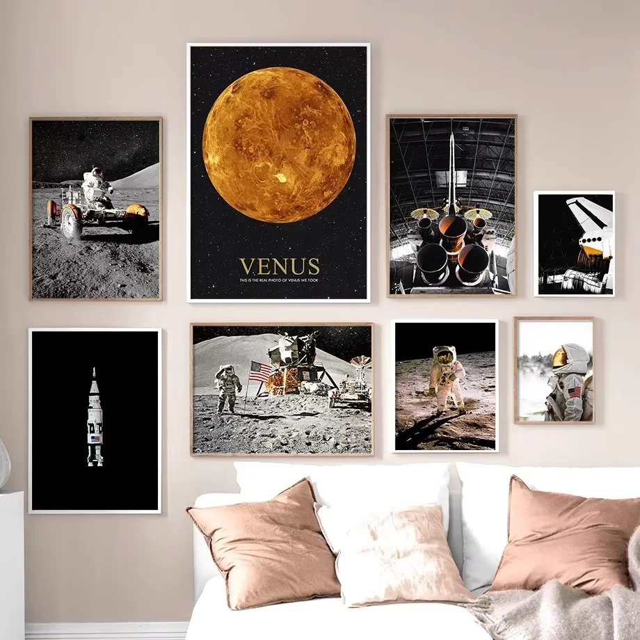 Sci‑fi Space Astronaut Canvas Wall Art, Cosmic Planet Print Poster Painting for Living Room Bedroom Home Decoration