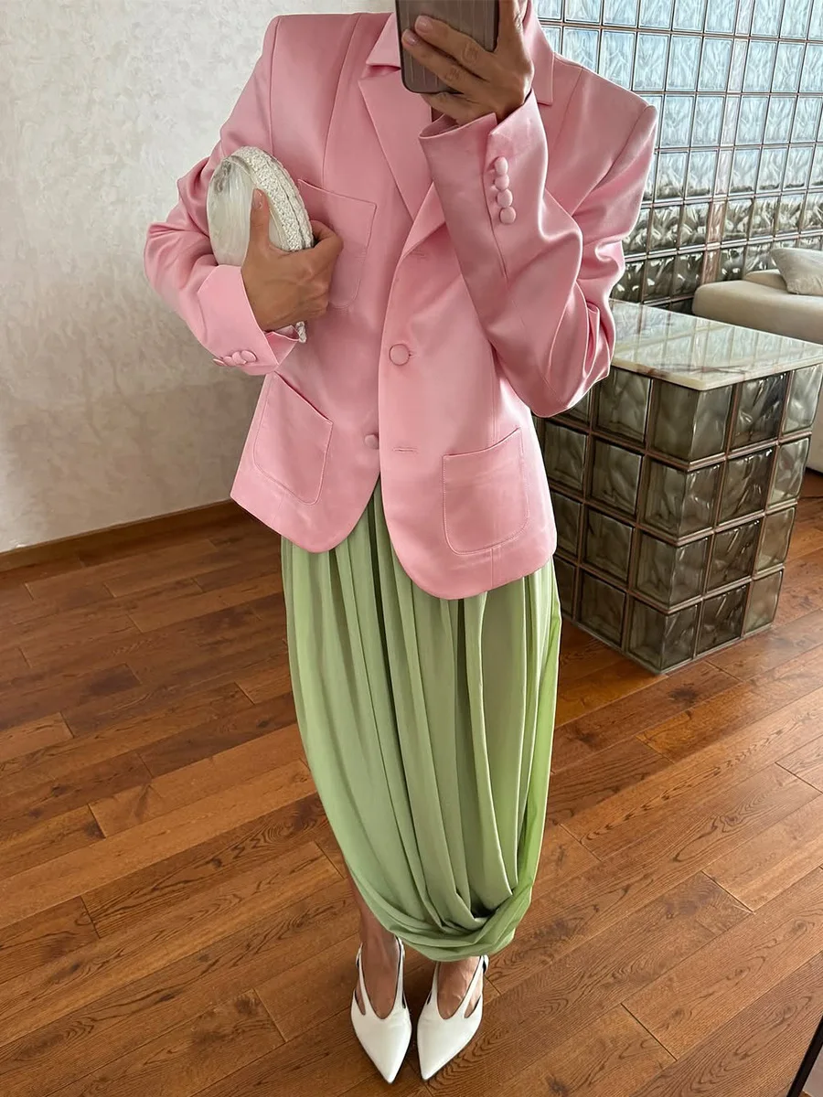 تنورة نسائية لربيع وصيف جديدة أنيقة على طراز الشارع من Bornladies، تنورة طويلة فضفاضة مكشكشة ومقسمة