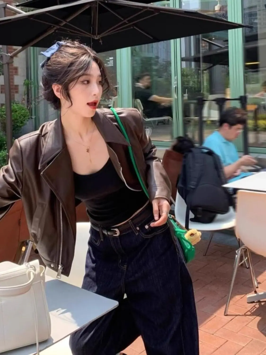 Early Autumn Motorcycle Jacket Women's PU Leather Lace Patchwork Dress Set Asymmetrical Commute Style Zipper Loose Fit Long S...