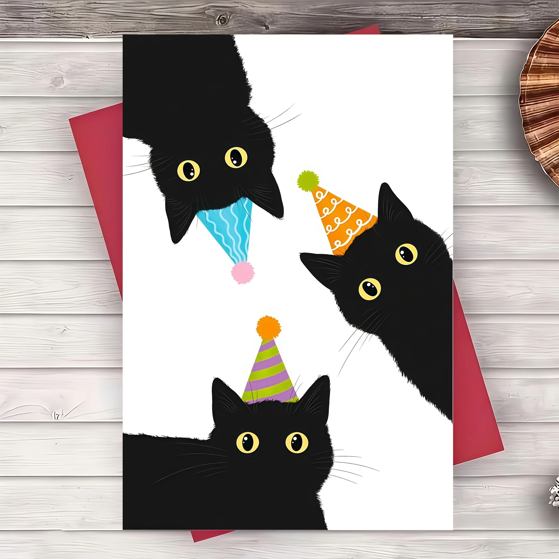 Niedliche Schwarze Katze Geburtstagskarte, Cartoon-Kätzchen-Karte mit Partyhut, Lustige Geburtstagsfeier-Karte mit Umschlag