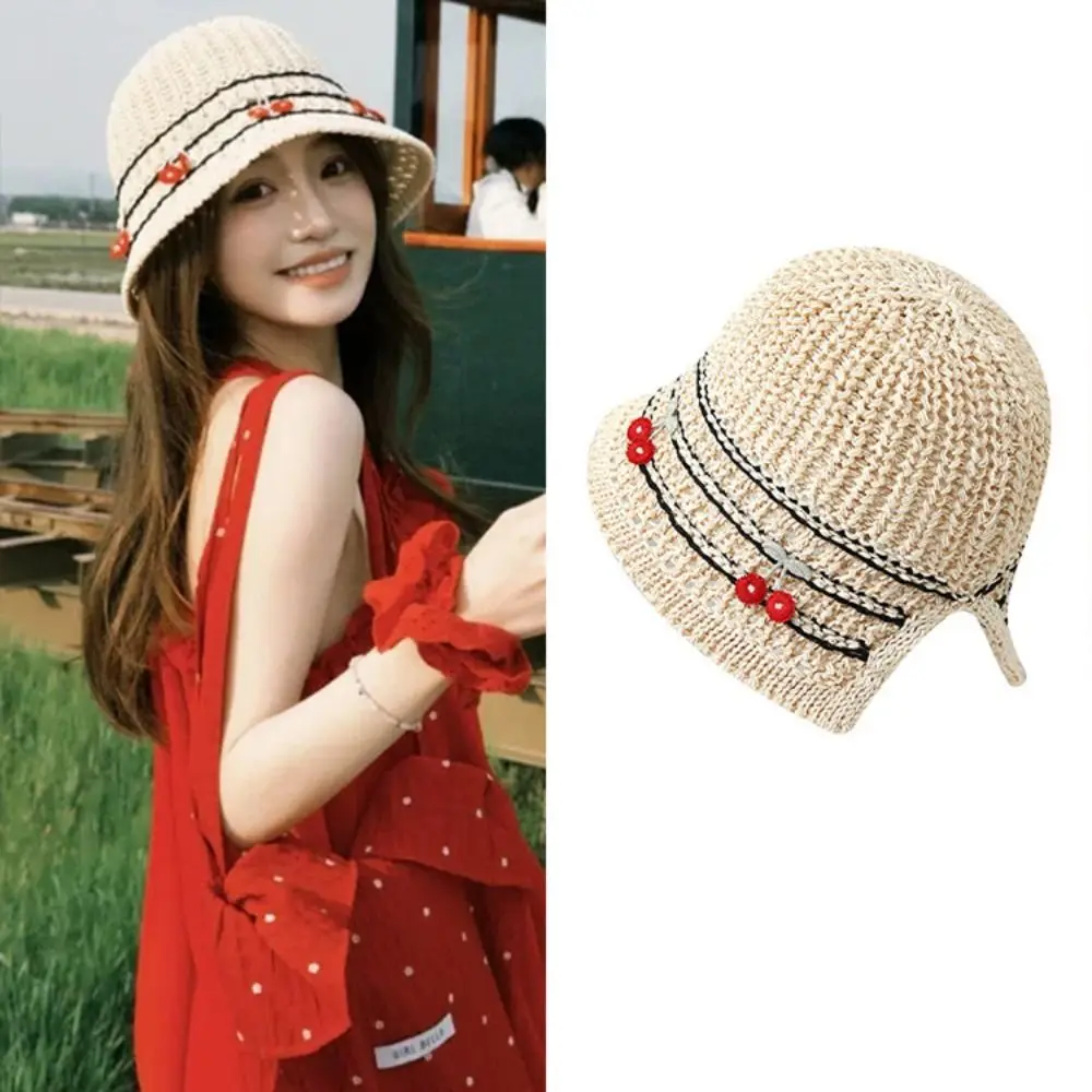 Image 3: Chapeau de paille cerise tendance, protection solaire, large bord, tissé, élégant, pliable, pour les vacances