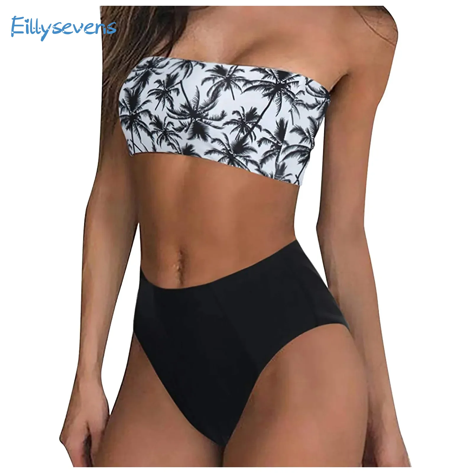 Damskie Bandeau kostium kąpielowy zestaw modne kwiatowy nadruk solidnie wyściełane Push Up 2 częściowe Bikini z wysokim stanem stroje kąpielowe