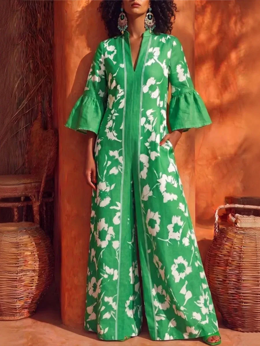 Freeacy Women Green Floral Print Jumpsuit V Neck Flare Sleeve Wide Leg Overalls 2026 Casual Vacation Boho One Piece Outfit