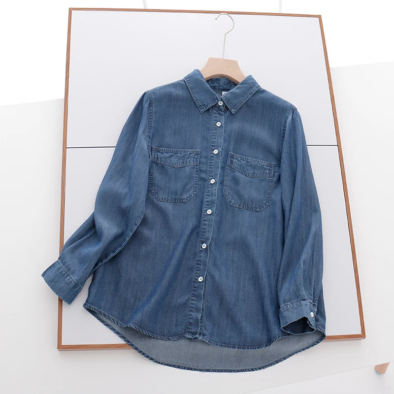 Women's Light Denim Shirts, Vintage, Turn-Down Collar, Pocket, Casual, All Match, Female Outwear Tops, Summer, 2022