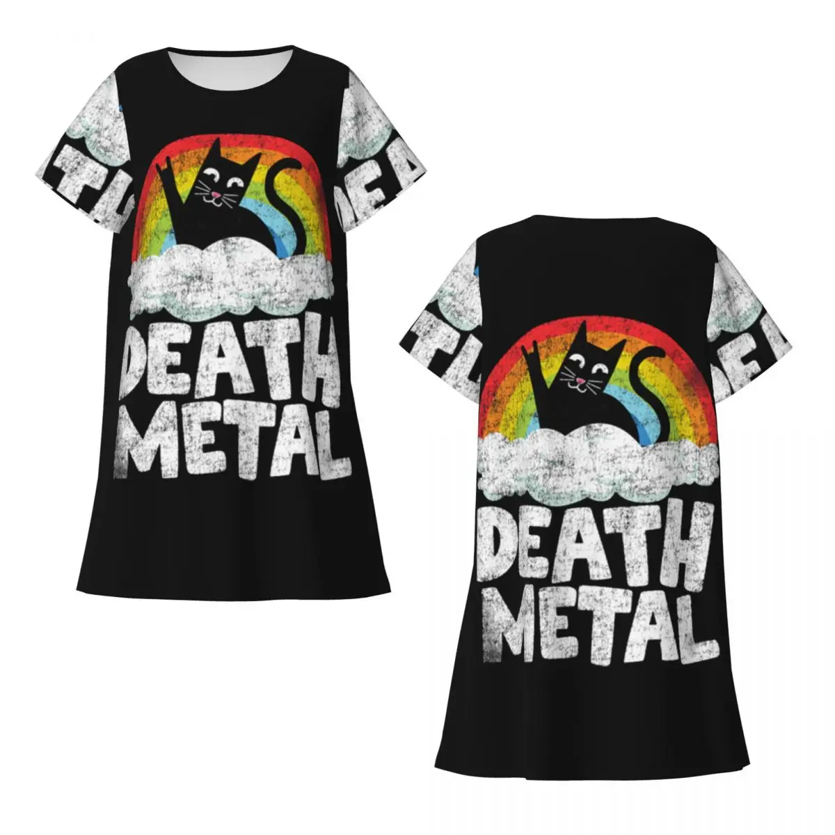 Funny Death Metal Cat Gift Rainbow Heavy Metal Short Sleeves Nightdress For Sleeping Women Short Sleeve Nightgowns Pajama Dress