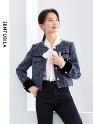 SENTUBILA Retro Contrast Cropped Tweed Jacket Women 2024 Autumn Fall Fashion Ladies Round Neck Short Tweed Coat Woman 141W53206