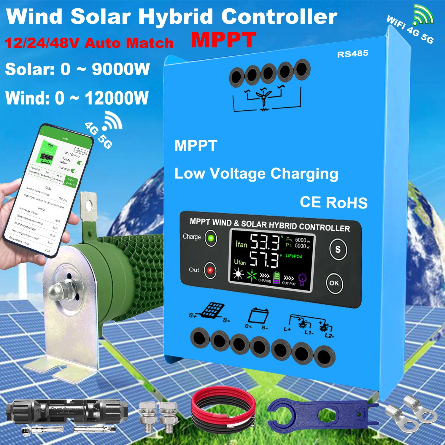 3000W Built-In WiFi 12V 24V 48V MPPTHybrid Solar Controller Wind Turbine Unloading Load LCD Display, For Lifepo4 Full Battery