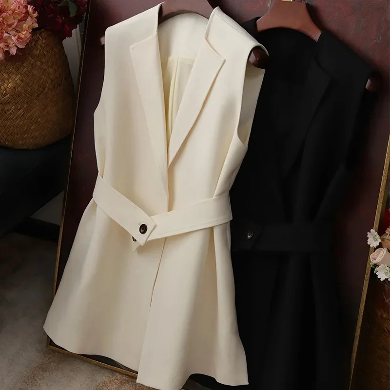 

Spring Autumn 2024 New Fashion With Belt Vest Jacket Women Office Casual Sleeveless Blazers WaistCoat Outwear Ladies Short Tops