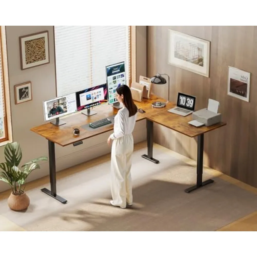 Reversible L Shaped Electric Standing Desk for home office use, engineered steel frame, matte black finish, dual-motor height a