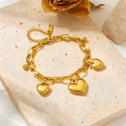 316L Stainless Steel New Fashion Waterproof Jewelry 2-Layer Lovers 3 Gradients Love Heart Charm Thick Chain Bracelets For Women