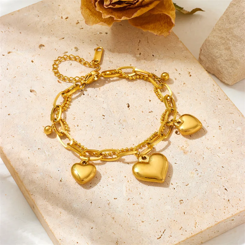 316L Stainless Steel New Fashion Waterproof Jewelry 2-Layer Lovers 3 Gradients Love Heart Charm Thick Chain Bracelets For Women