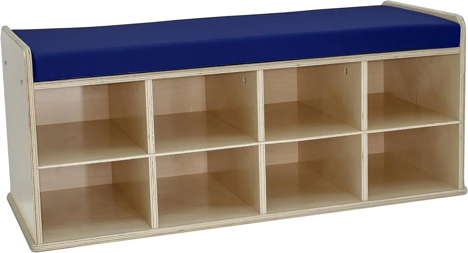 Natural Birch 8-Compartment Storage Bench with Comfortable Blue Vinyl Seat (16