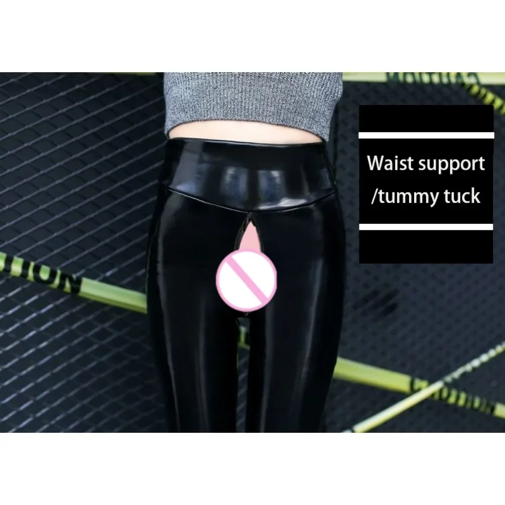 กางเกงหนังเทียม PU แบบเปิดเป้า ใส่เล่นกลางแจ้ง กระชับรูปร่าง สำหรับผู้หญิง สไตล์เอ็กโซติก เอวสูง เซ็กซี่ เหมาะสำหรับโยคะและไนท์คลับ