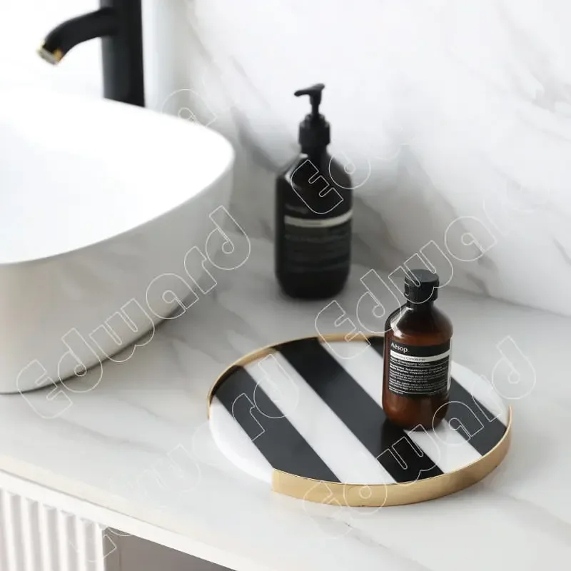 Trays European Style Storage Tray Dinner Plate Bathroom Storage Trays Gold Edge Decor Flat Plate Natural Marble Circular Trays