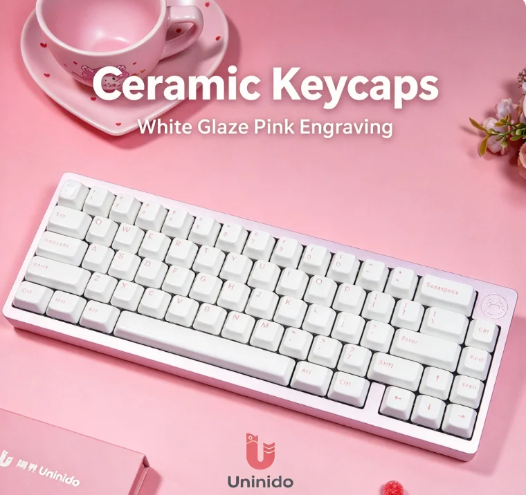 Uninido Ceramic Keycaps Full Set Pink Pad‑printed Legends For 87/108 Cherry Mx Mechanical Keyboard Custom Keycap Gift