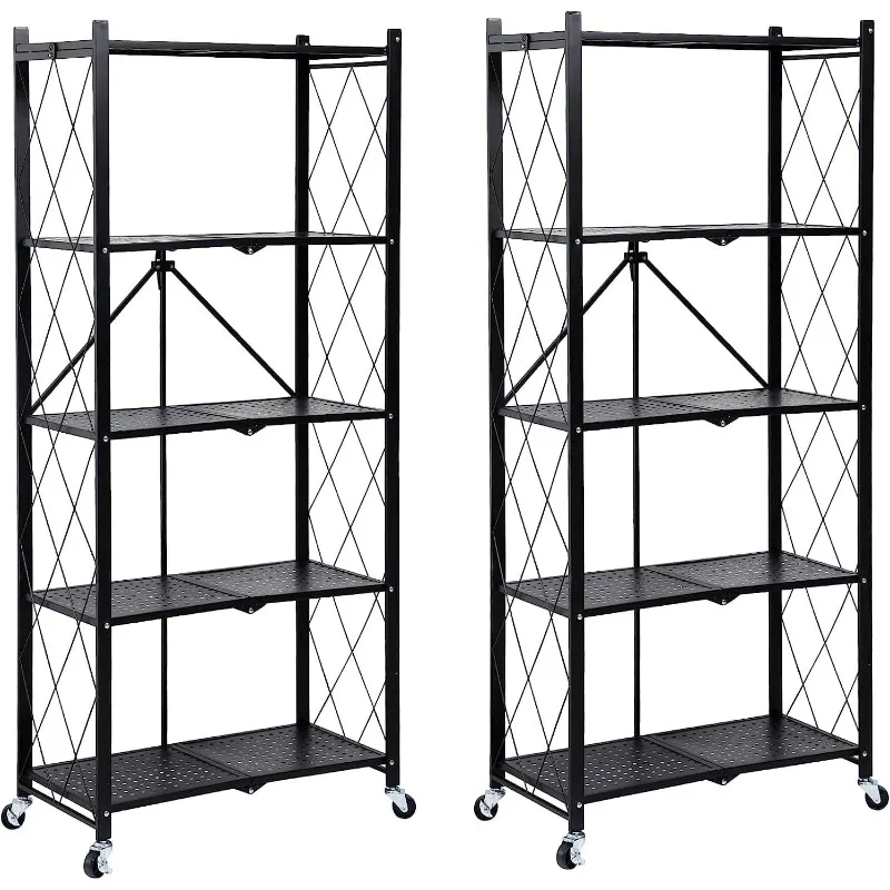 Heavy Duty 5-Tier Foldable Metal Rack, Storage Shelving Unit 1250 lbs with Wheels Moving Organizer Shelves  , Black, 2 Pack