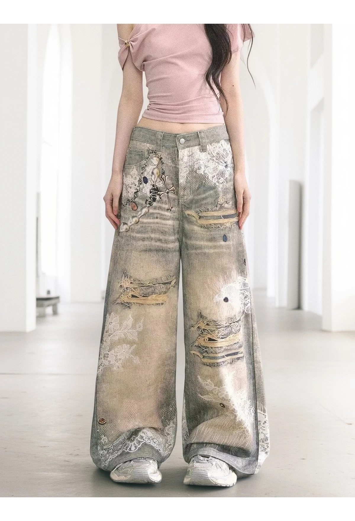 

CHIC Street Retro Women's Jeans Contrast Color Printed Washed Denim Pants Vintage Fashion High Waist Straight Trousers Female