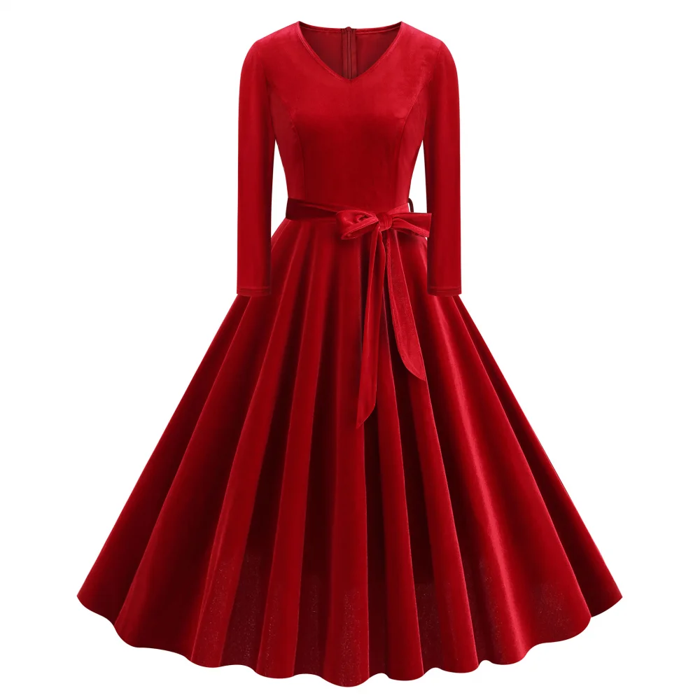 

Женское винтажное платье в стиле ретро 1950-х годов с V-образным вырезом и поясом, свободное платье, коктейльное платье, бархатные платья с длинными рукавами для вечеринки