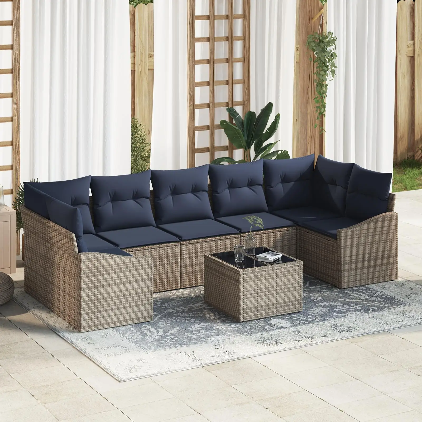 

8 Piece Grey Poly Rattan Garden Sofa Set with Cushions Outdoor Patio Furniture