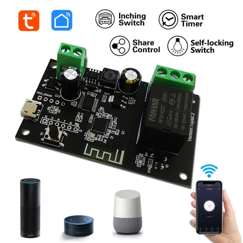 WiFi Relay Tuya Module 5-32V WiFi DIY Switch Dry Contact Output Inching/Selflock Working Modes APP/Voice Control Smart Home