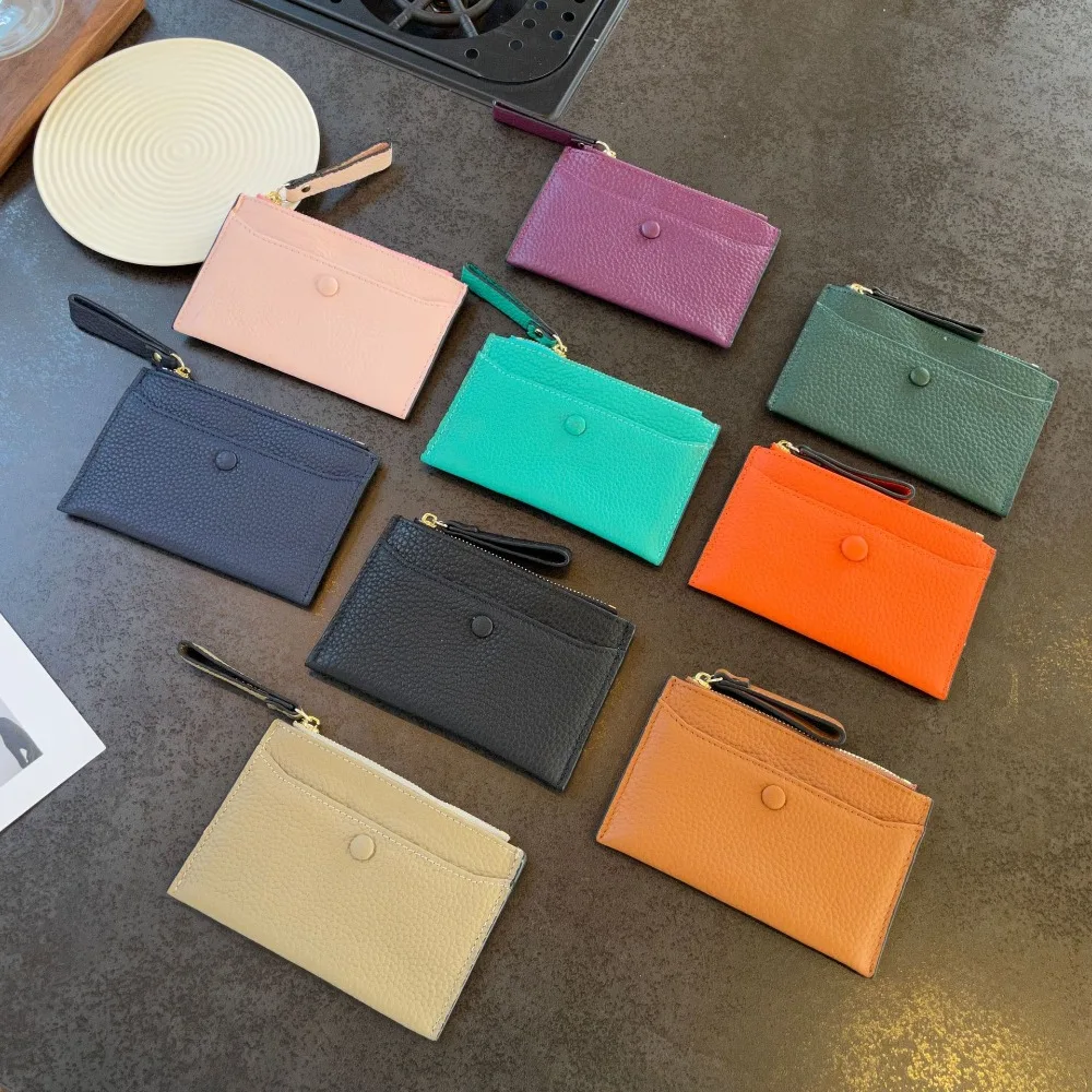 

Кожаная сумка для мелочи, сумка для карточек, встроенная женская тонкая молния, большая вместимость, зажим для карточек первого слоя из воловьей кожи, простота премиум-класса.