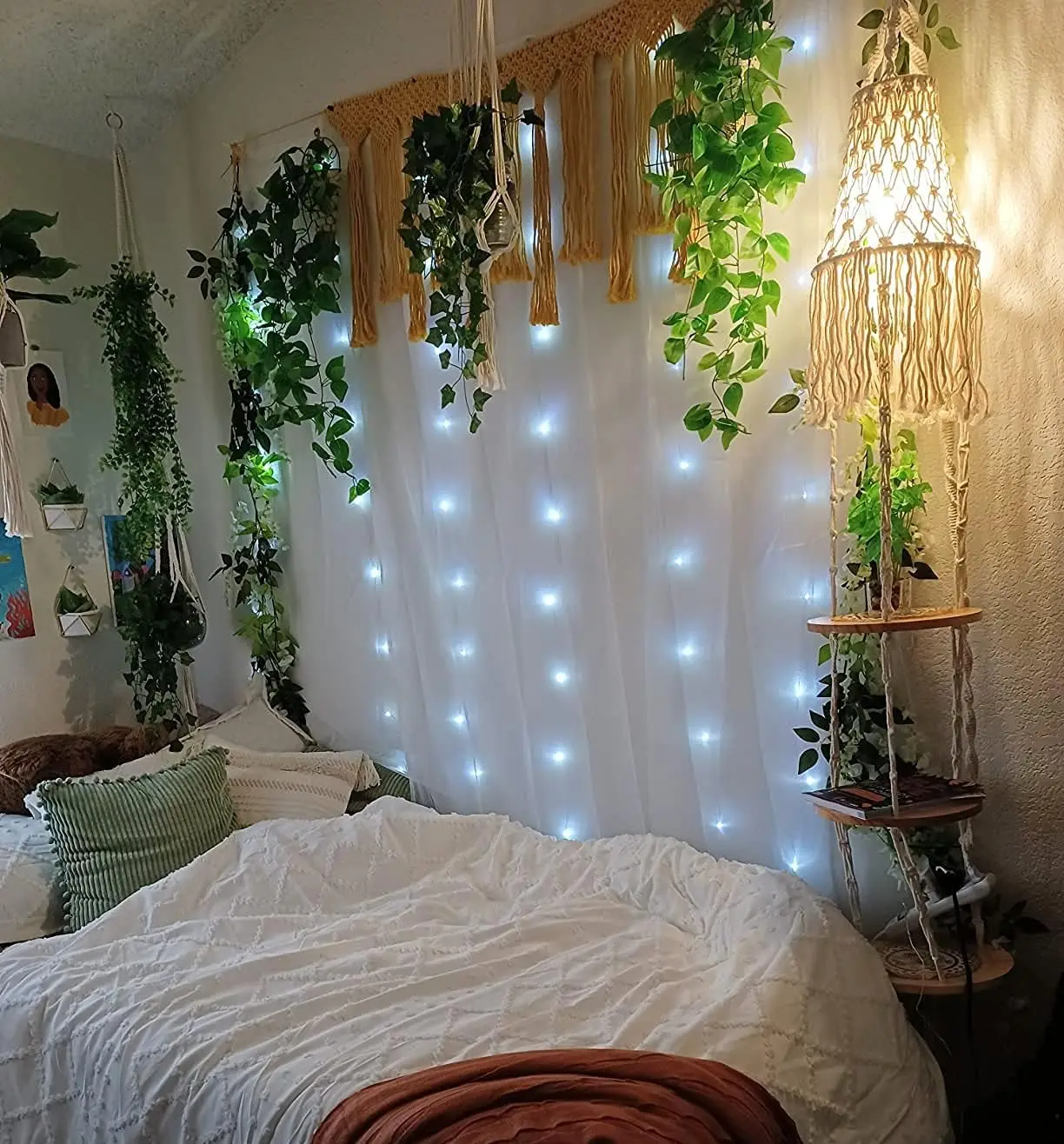 Boho Plug-in Pendant Light with Dimmable Switch and 3-Tier Plant Shelf for Bedroom Living Room Decor