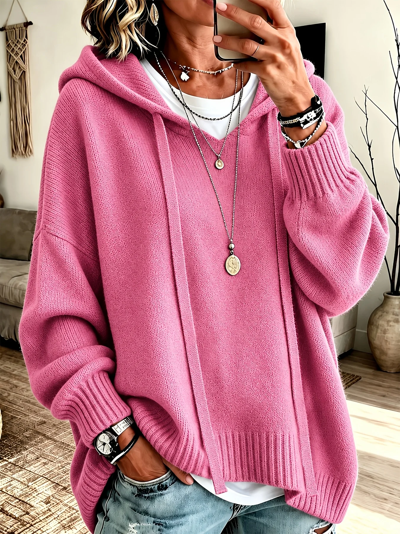 Women's Korean‑Style Loose Casual Hooded Knit Sweater, Autumn‑Winter Solid‑Color Simple Versatile Drop‑Shoulder Lantern‑Sleeve H