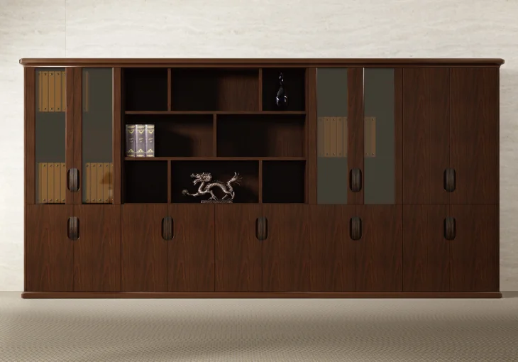 Wood grain administrative office filing cabinets with tempered glass doors, with open display stands and lockable lower storage