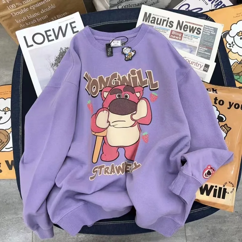 Popular Lots-O\'-Huggin\' Bear Cartoon Round Neck Sweatshirt Spring Kawaii Girl Strawberry Bear Loose Velvet Top Quality Gift