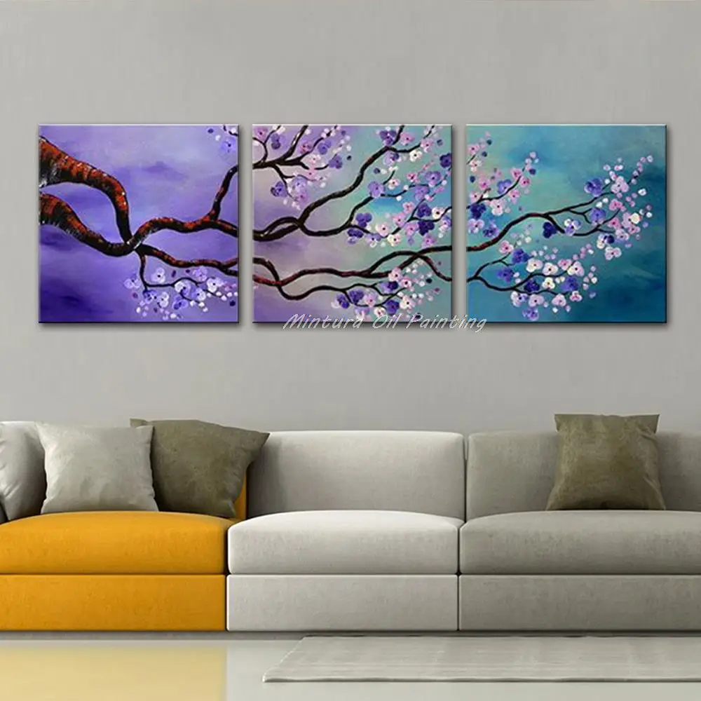 Mintur 3Pcs 100% Handpainted Tree Flower Oil Painting On Canvas,Modern Abstract Wall Art Picture For Living Room Home Decoration