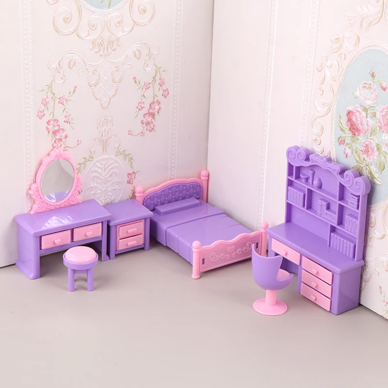 ●6Pcs/Set 1:12 Dollhouse Miniature Desk Chair Dressing Table Bedside Table Bed Furniture Model Decor Toy Doll House Accessories