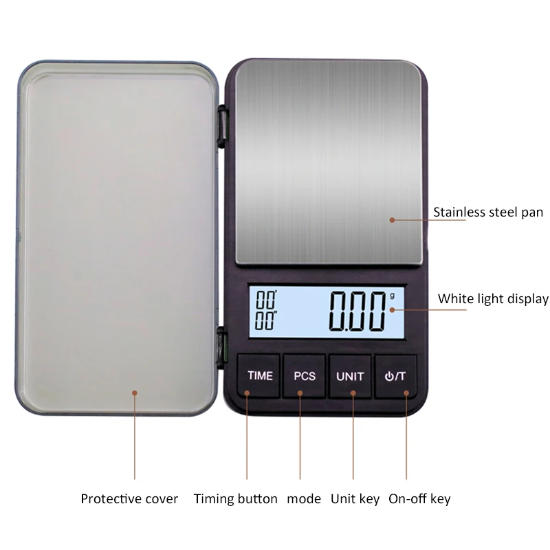 1Kg/0.1g Mini Pocket Coffee Scale LCD Digital Timer Scale Small Household Grammage Large Screen White Backlit Jewellery Scale