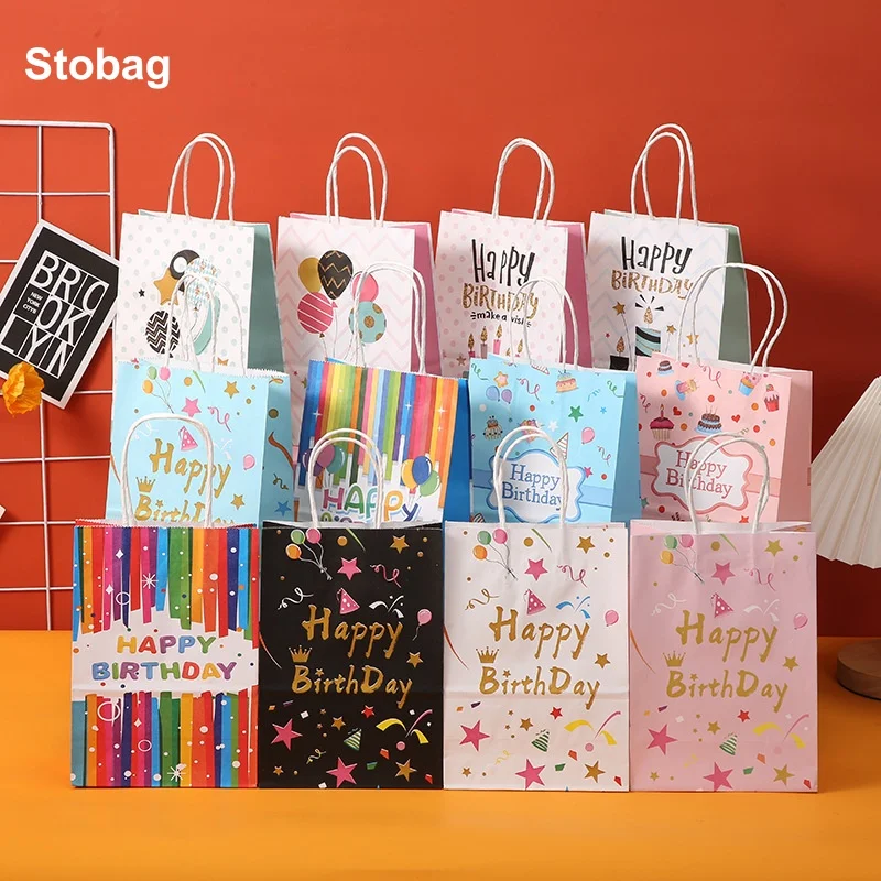 

StoBag 12/24pcs Happy Birthday Kraft paper Gift Tote Packaging Bags Kids Children for Candy Snack Storage Pouch Party Favors