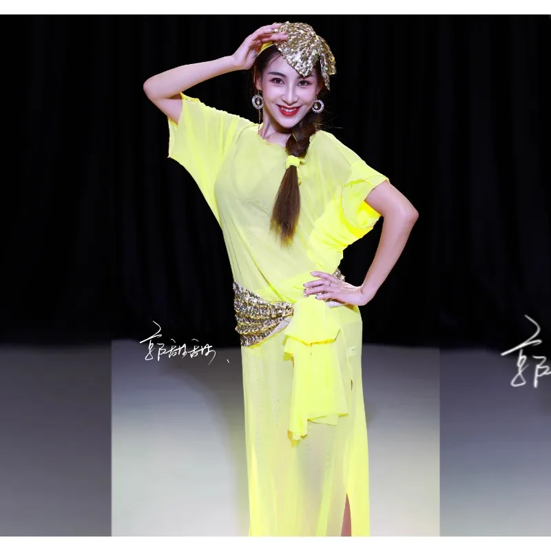 Customized Belly Dance Clothes Yellow Robe Folk Bow Eastern Dance Performance Costumes Team Dress Bow Headband Accessories