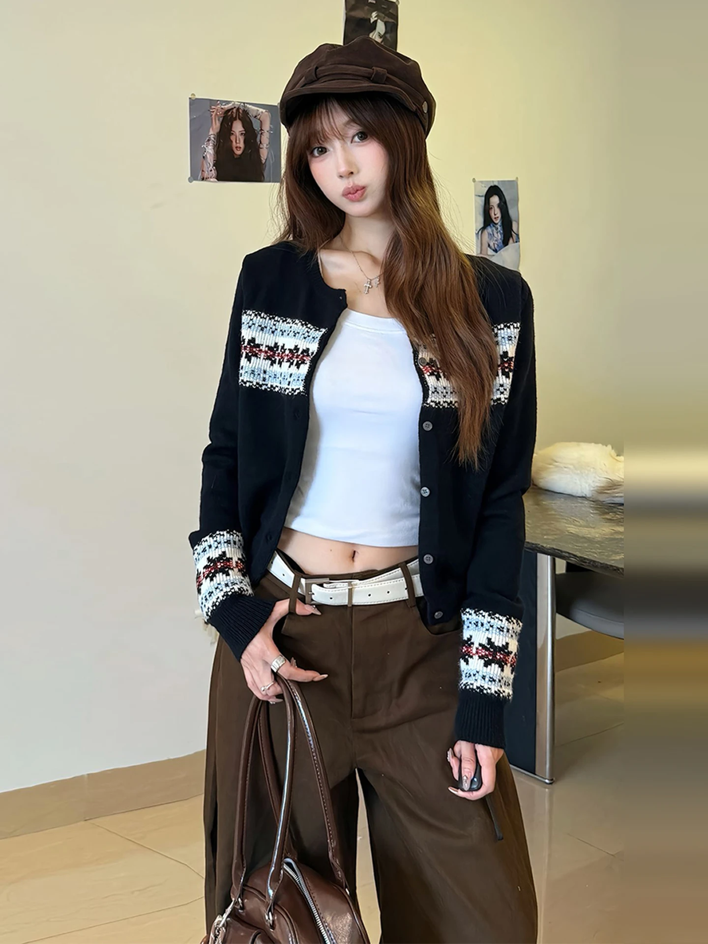 เสื้อคลุมไหมพรมถักลาย Fair Isle สไตล์เรโทรสำหรับผู้หญิง ฤดูใบไม้ร่วง ฤดูหนาว รุ่นใหม่ สไตล์เกาหลี