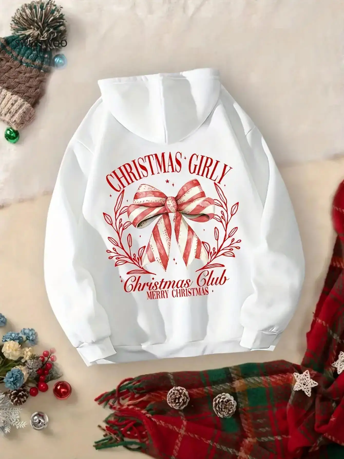 

Women's Hooded Sweatshirt - Casual Long Sleeve with Red & Golden Snowflake Print, Christmas Design, Machine Washable