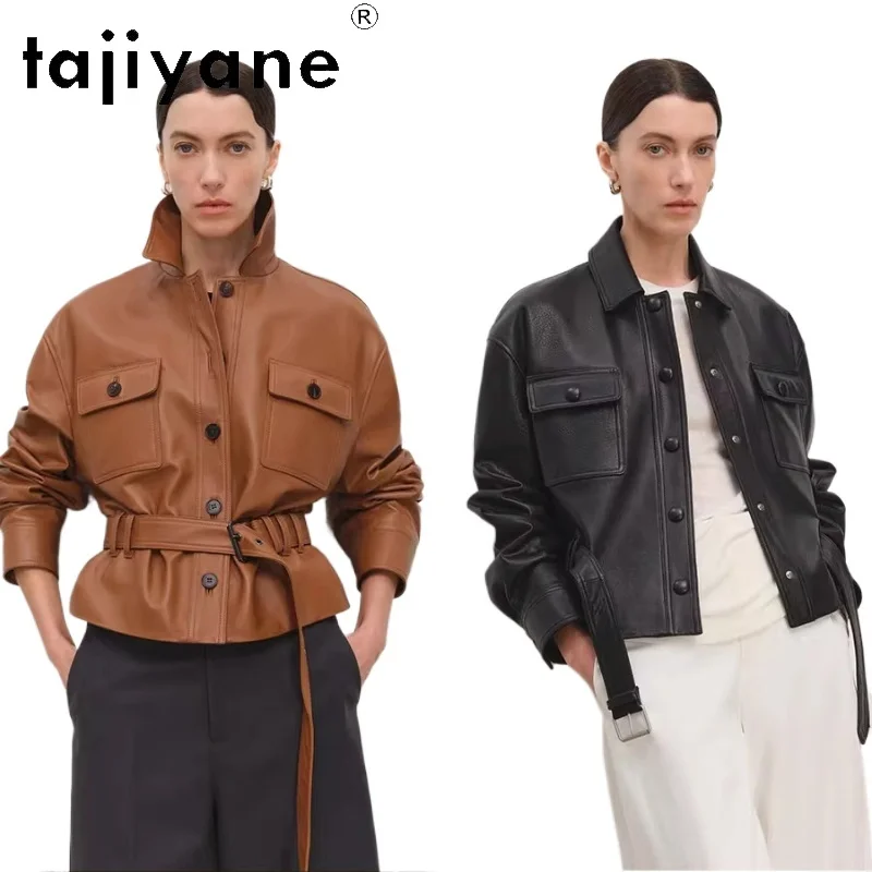 TAJIYANE 100% Sheepskin Leather Jacket Woman Short Belted Spring Coats Genuine Leather Jackets 2026 New in Women Clothes кожанка