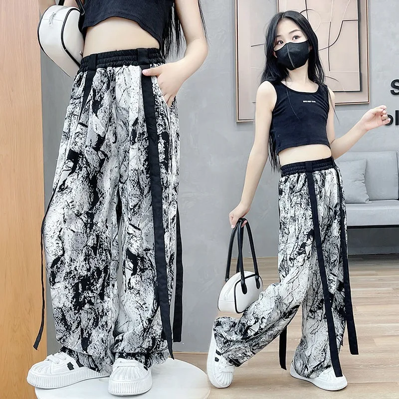 

Girls' Ice Silk Wide Leg Pants Summer Chinese Style Slim Floor-Mopping Pants Children's Fashionable Pants For Big Children