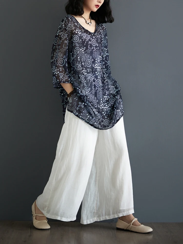 

Summer Lightweight Cotton Linen Wide Leg Pants Two-Piece Set for Women Floral Print Vintage Ethnic Style Loose Fit Top
