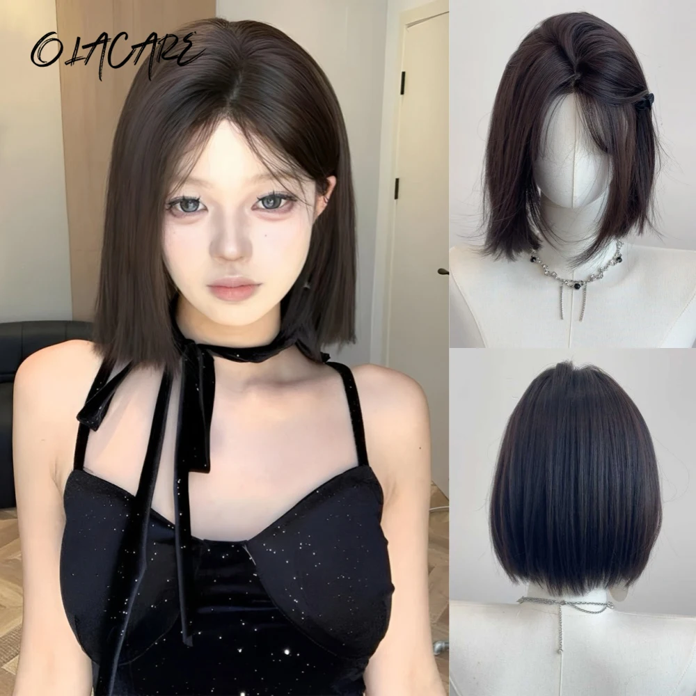 Shoulder Layered Synthetic Wig For Women Daily Use 12Inch Heat Resistant BOB Wig With Lace Front Brown Black Lolita Cosplay Wigs