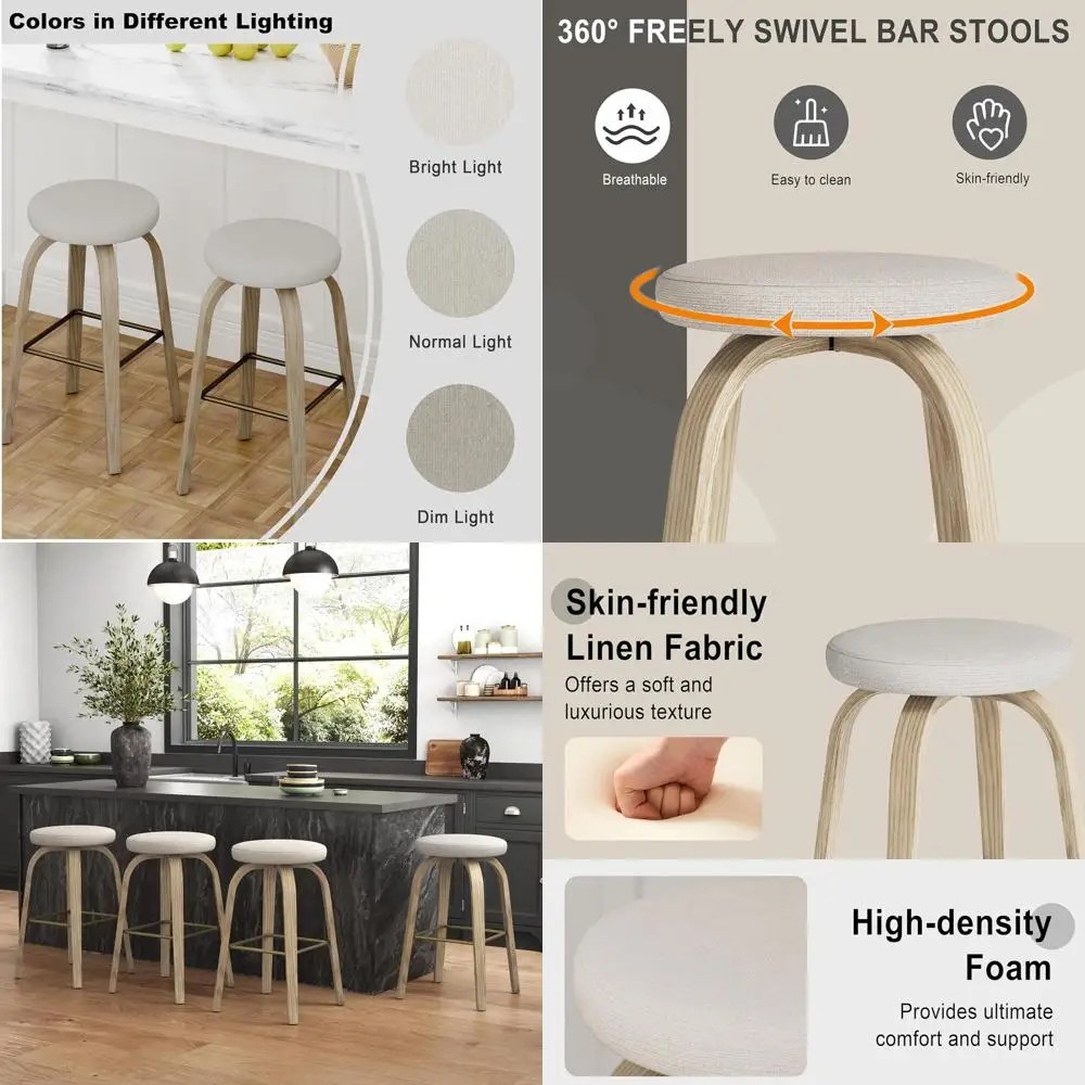 

Set of 2 30 Swivel Counter Height Bar Stools with Beige Upholstered Fabric Seats