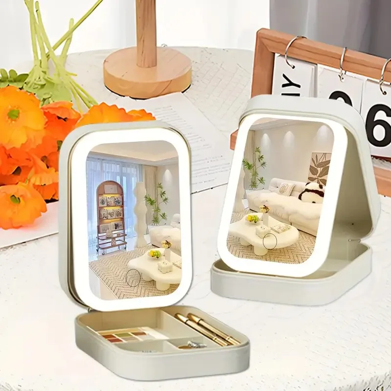 1pc Large Capacity Travel Makeup Case with LED Light and Built-in Mirror - Foldable, Dresser Mount, Glass Surface, Powder Coated